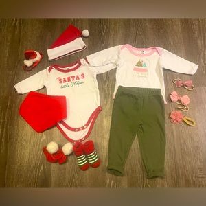 Christmas outfits with variety of hats, headbands, shoes, and bib